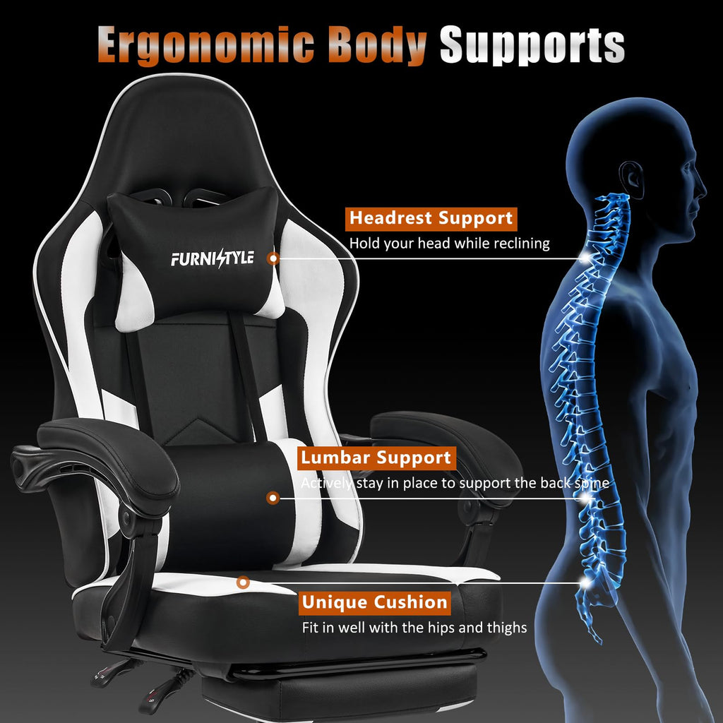 Gaming Chair with Footrest, Video Game Chairs for Adults, Black White