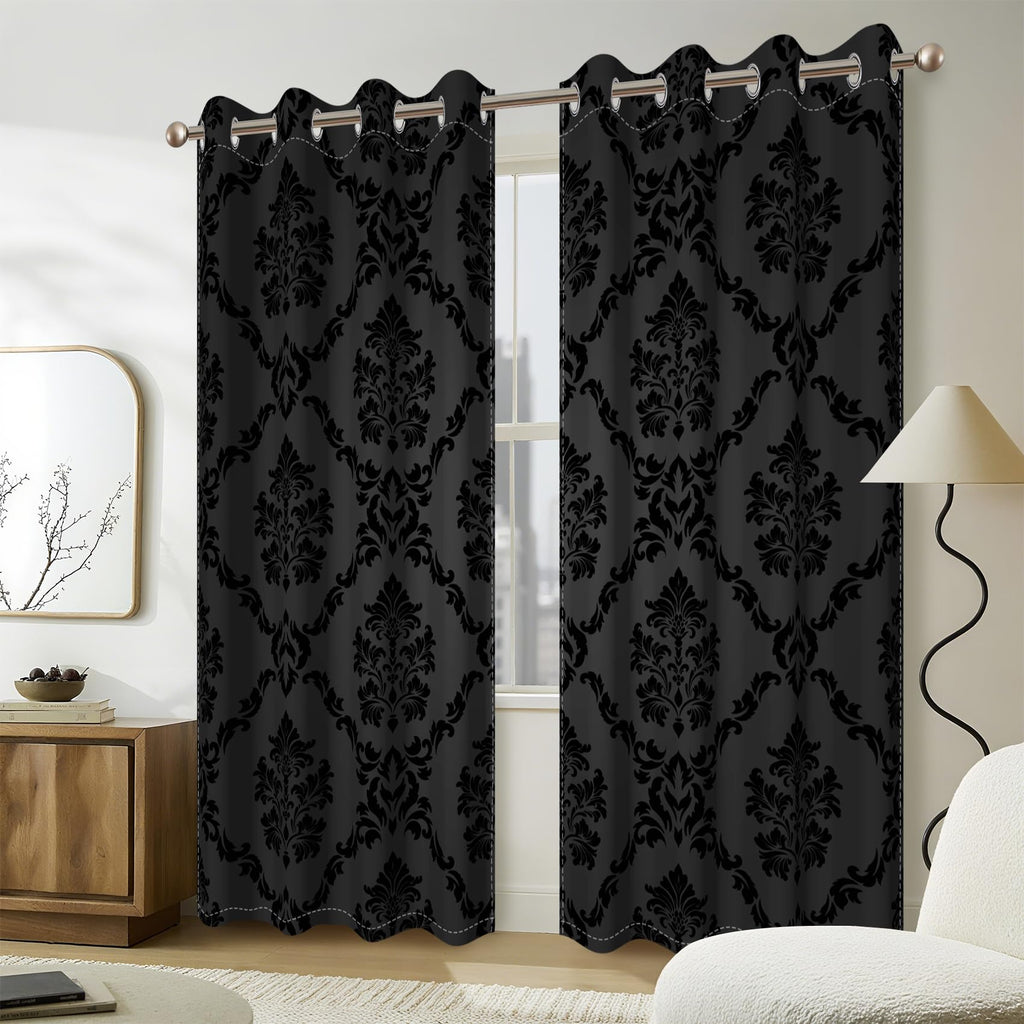 Black Print Blackout Curtains 84 inch Long - Ombre Damask Gothic Window Drapes Thermal Insulted Curtains Living Room