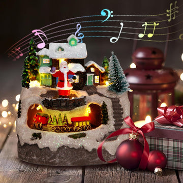 Christmas Decorations Village House Resin Collectible Building Figurines Revolving Train Musical Snow Globe 8 Music