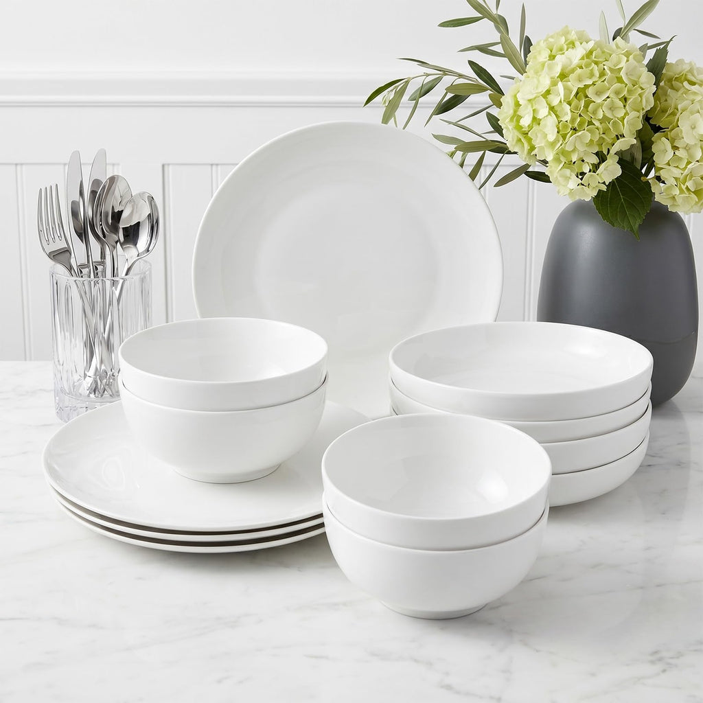 Porcelain Dinnerware Set for 4, Lightweight White New Bone China Plates and Bowls, 10" Dinner Plates, 8"