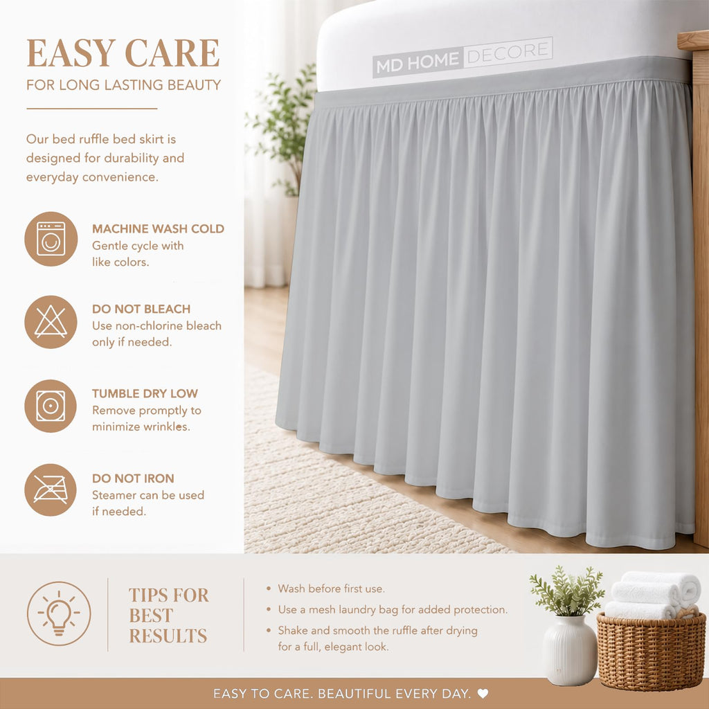 Ruffled Twin XL Dorm Bed Skirt, 100% Microfiber, Light Grey, Extra Long 42-Inch Drop, Tailored for College Dorm Beds