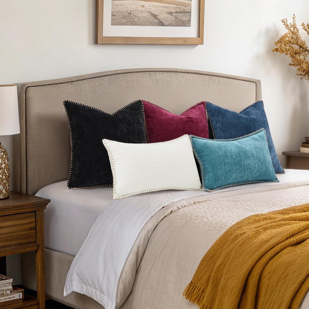 Soft Chenille Throw Pillow Covers 12x20 Set of 2 Black