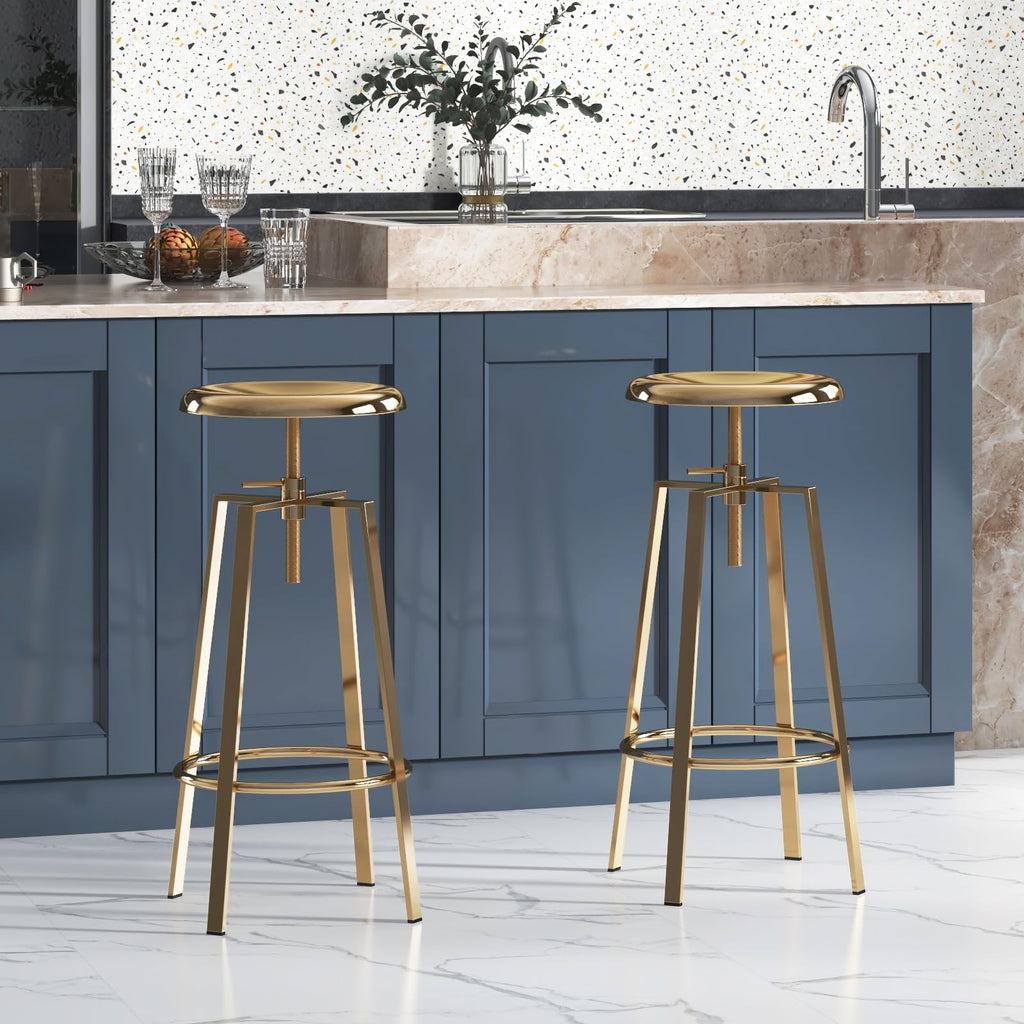 Atlas Industrial Bar Stools Set of 2, Adjustable Swivel Metal, Gold