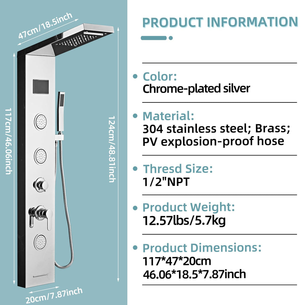 Shower Panel Tower System,Rain Shower Head Rainfall silver-LED