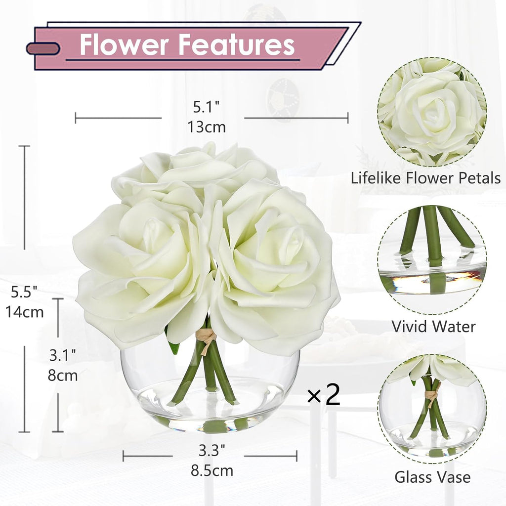 White Roses Artificial Flowers in Vase Small Silk Fake Rose Bouquet Flowers Floral Arrangements with Glass Vase - Set of 2