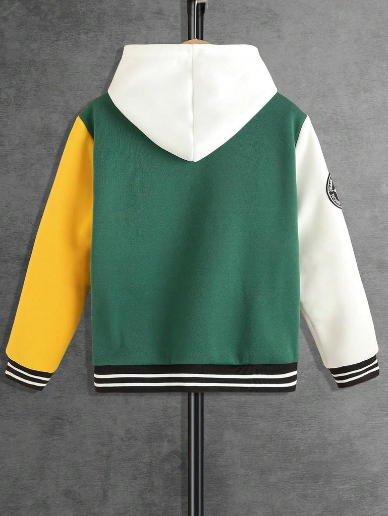 Boy's Letter Graphic Print Bomber Baseball Coat Button Front School Uniform Varsity Jacket