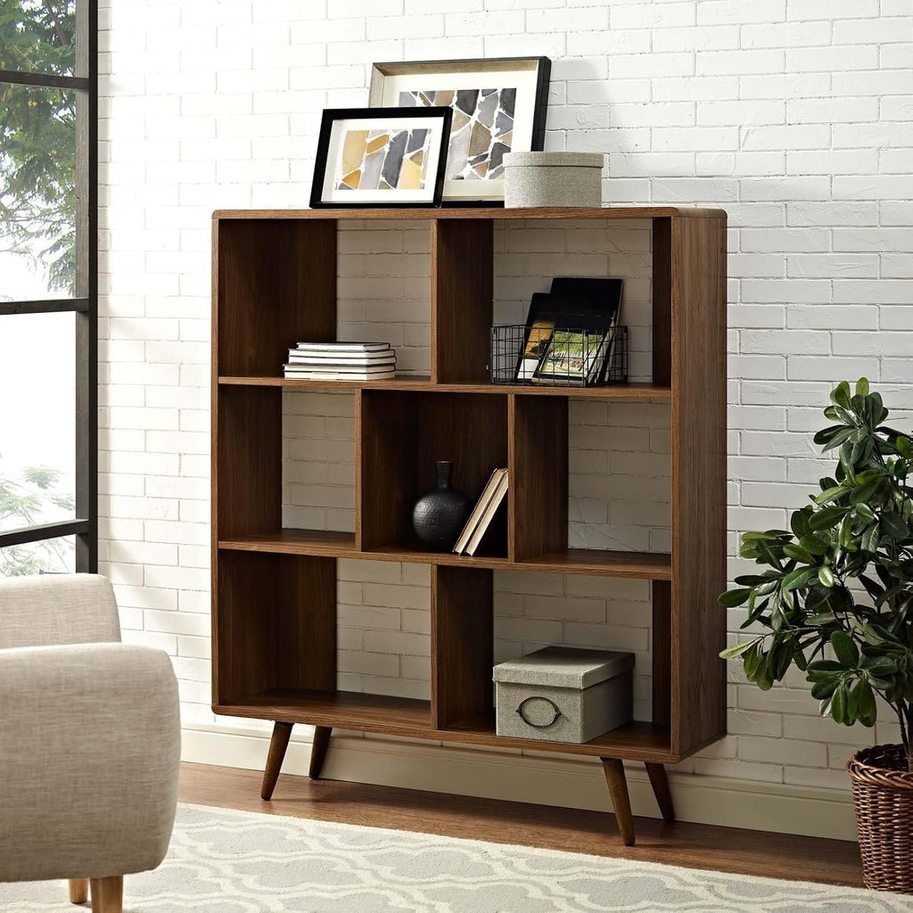 Mid-Century 7 Cubby Bookcase, Walnut Wood Grain Laminate, Particleboard, 52.5" H x 45" W x 11.5" D, Open Storage with