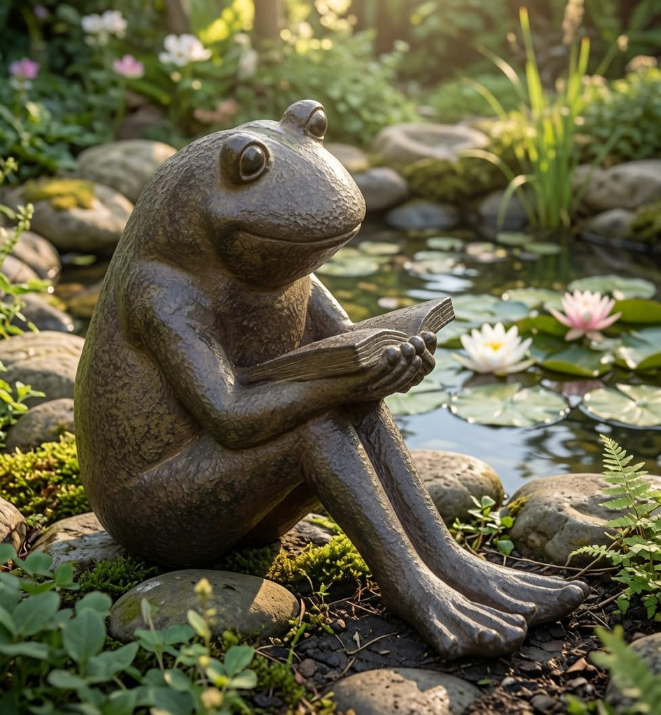 Quite Reading Garden Frog Statue, Polystone