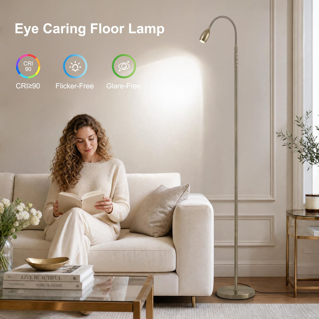 72" Reading Floor Lamp, Gooseneck LED Lamp with Zoomable Spotlight, Brass