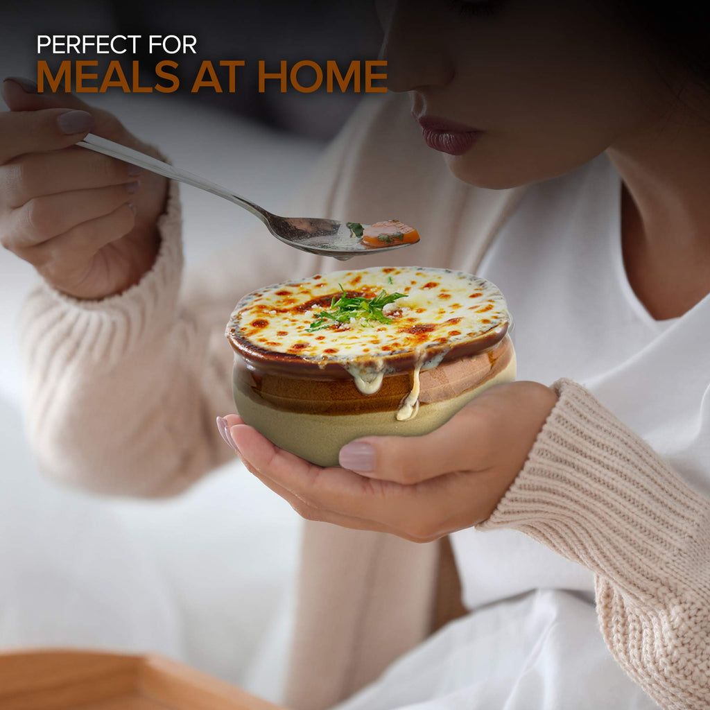12 oz French Onion Soup Crock (4 Pack) -Two-Toned Brown & Ivory Porcelain Soup Bowls -Oven Safe Soup Bowls -Microwave