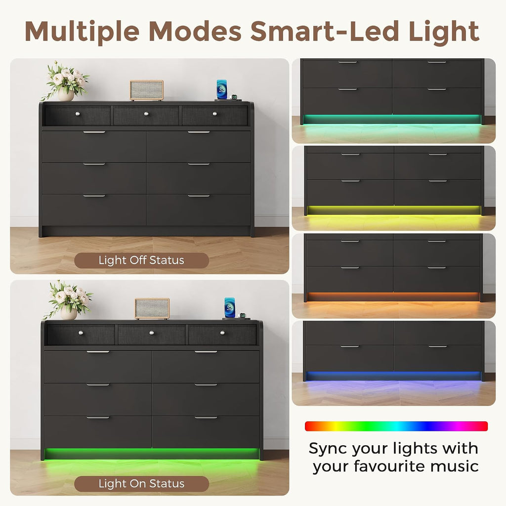 53'' Wide 9 Drawer Dresser , Wood TV Stand Dresser with Power Outlets & LED Light, Chest of Drawers Closet Store