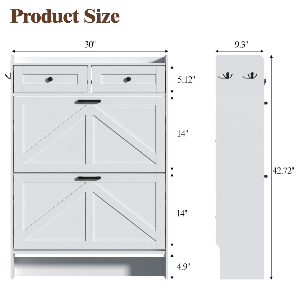 White Shoe Cabinet with 2 Flip Drawers & 2 Storage Drawers, Rustic Farmhouse Narrow Shoe Organizer Cabinet, Slim Shoe