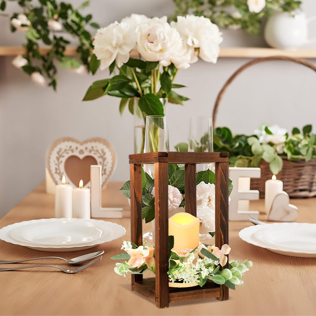 30 Pcs Wooden Wedding Lantern Centerpiece Candles Wreaths Set, Brown