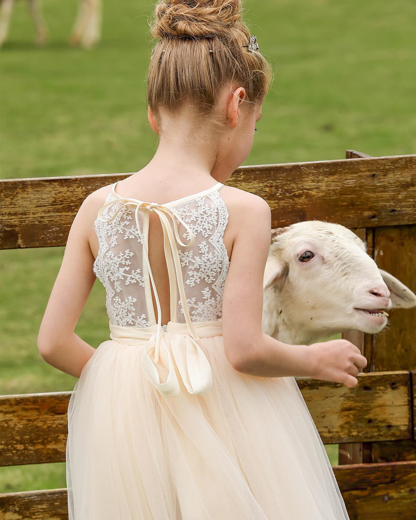Lace Back Flower Girl Dress Kids Summer Wedding Birthday Hoilday Tea Party Dress