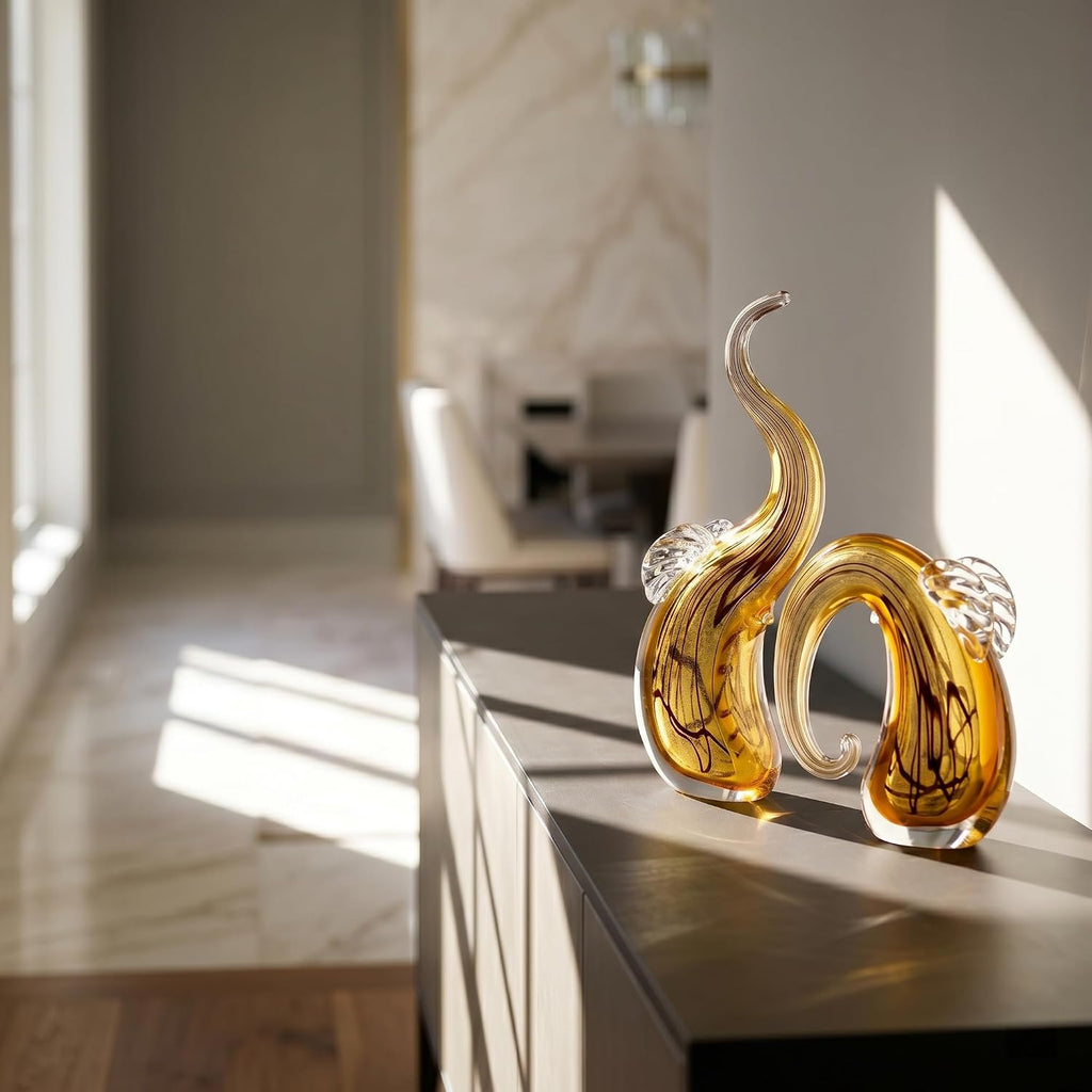 Hand Blown Elephant Statues Set - Luxury Sculptures Home Decor Art Glass Ornament Animal Collectible (Gold) - Set of 2