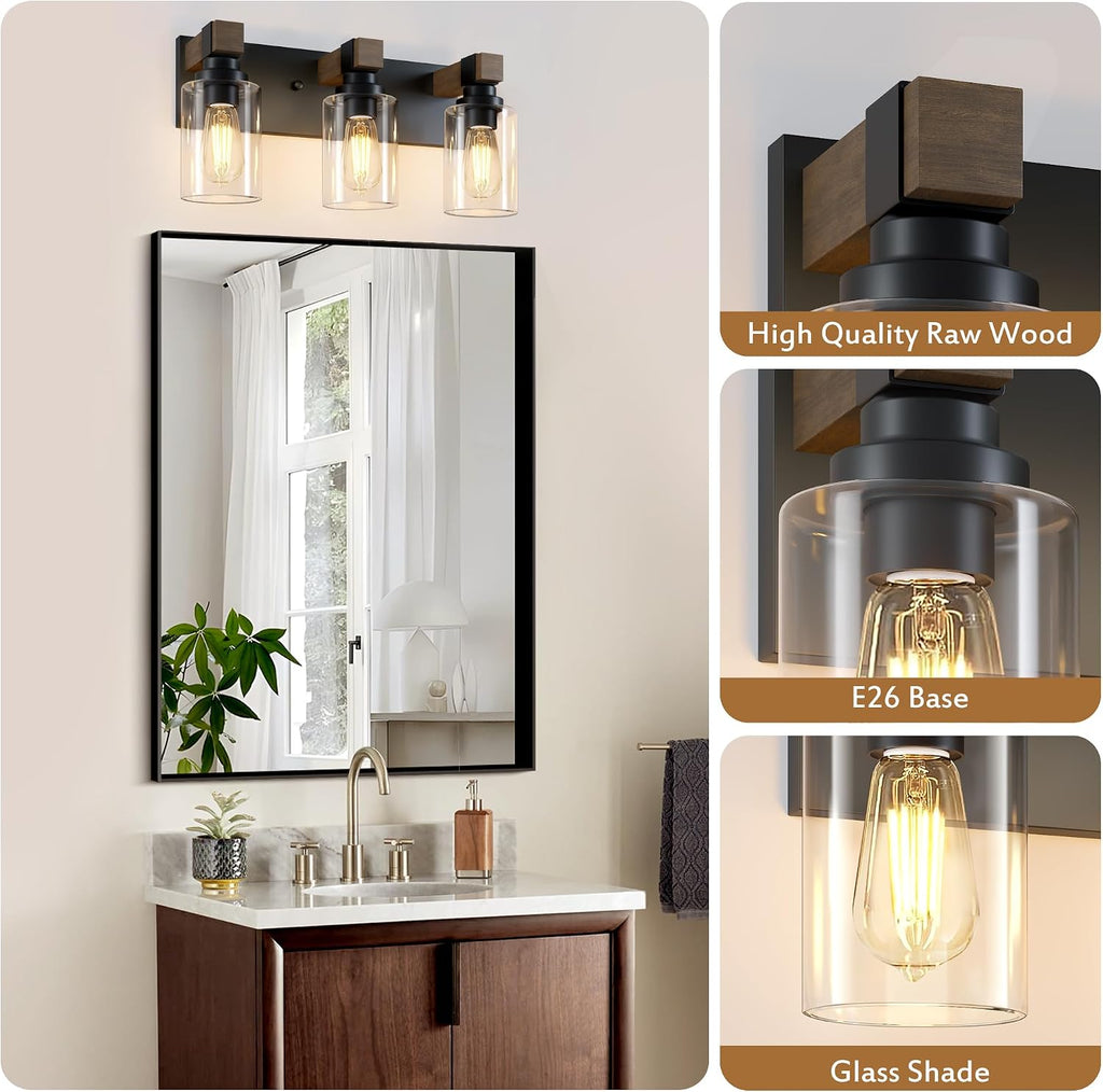 Farmhouse 3-Light Bathroom Vanity Light Fixtures, Black and Wood | 18.8′′ Rustic Matte Black Metal Frame, Clear Glass