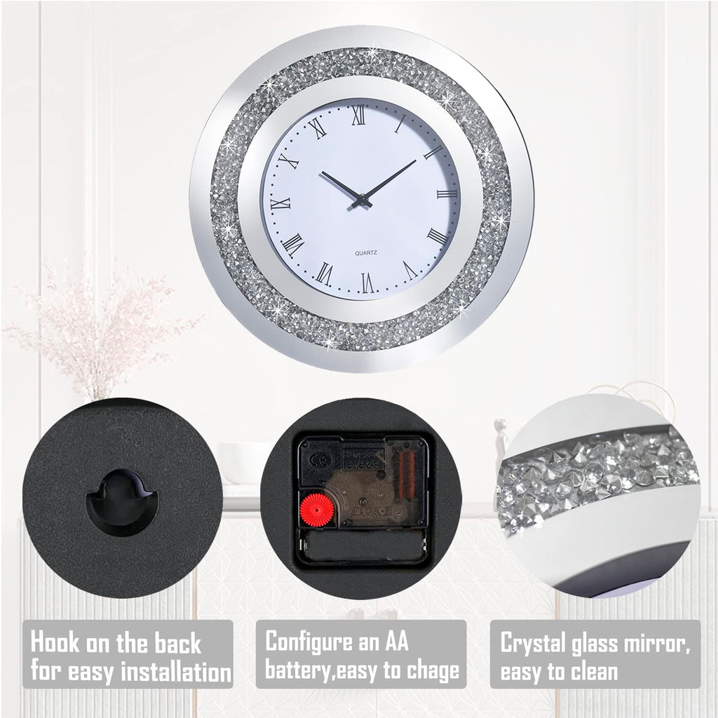 Large Crystal Wall Clock, 15.8" Silver Round Diamond Glass Clock