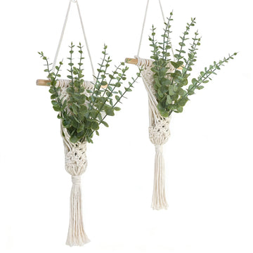 Macrame Wall Hanging with Artificial Eucalyptus Plant, Boho Wall Decor, Green Gray, Set of 2
