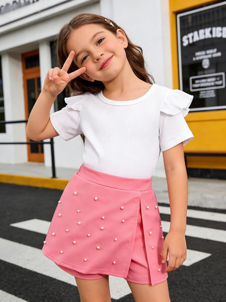 2 Piece Clothes Ruffled Sleeve Striped Top and Pearl Skirt Short Set Girl Summer Clothes