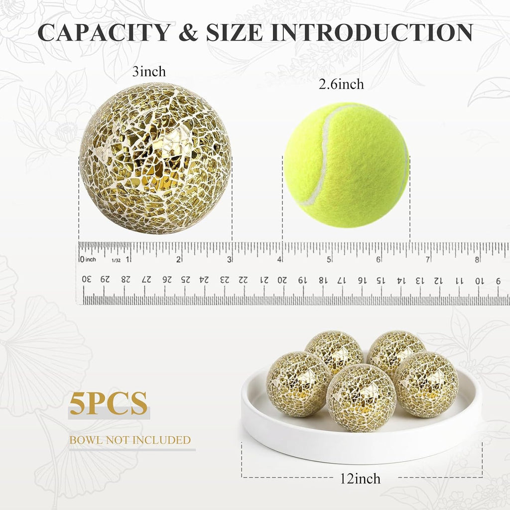 Decorative Balls for Bowls, 3 Inch Gold Orbs Glass Balls - Set of 5