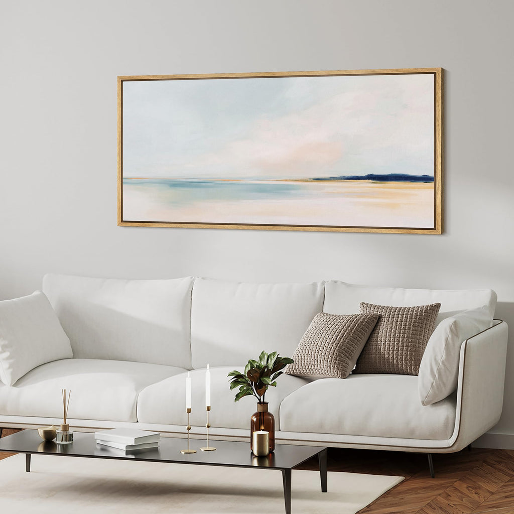 Extra Large Framed Canvas Print Wall Art Soft Pastel Beach Landscape Minimalist Teal and Blush Seascape Illustrations