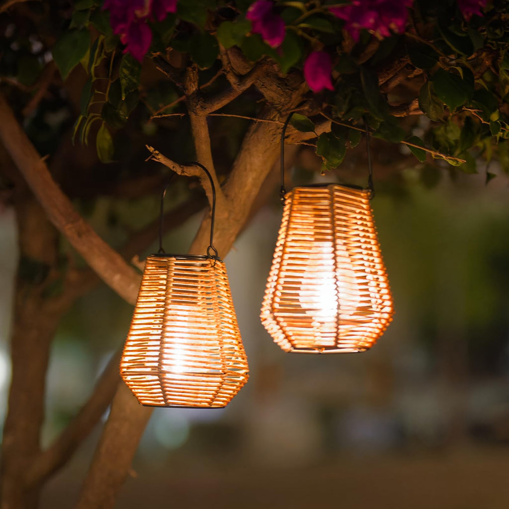 Solar Rattan Lanterns Waterproof 2 Pack, Solar Hanging Lights