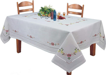 Hemstitched Embroidered Daisy Flower Tablecloth 70x104 Rectangular Table Cover White