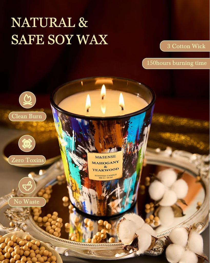 Teakwood Scented Soy Candle, Large 3-Wick 35oz Candles - Set of 35