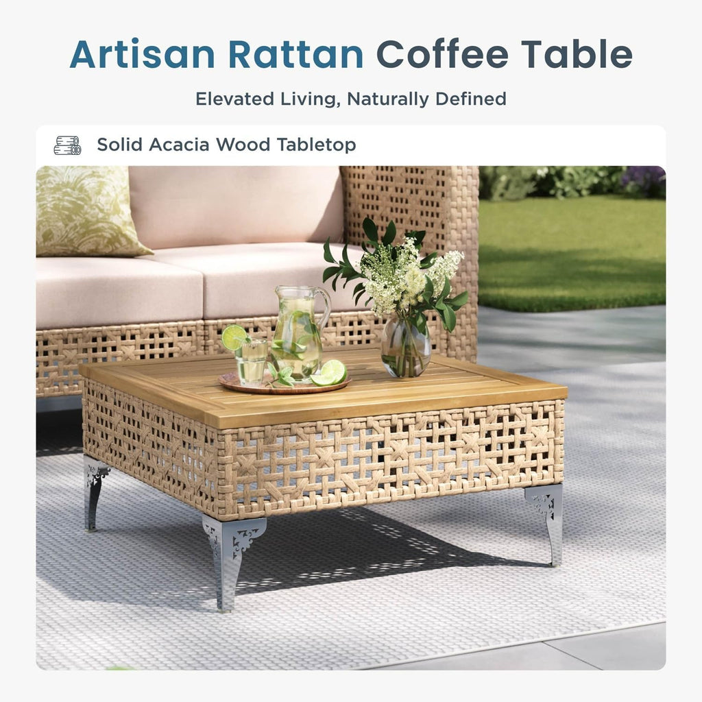 6 Pieces Wicker Patio Furniture Set, Rattan Outdoor Sectional | Boho Patio Conversation Sets with Coffee Table for