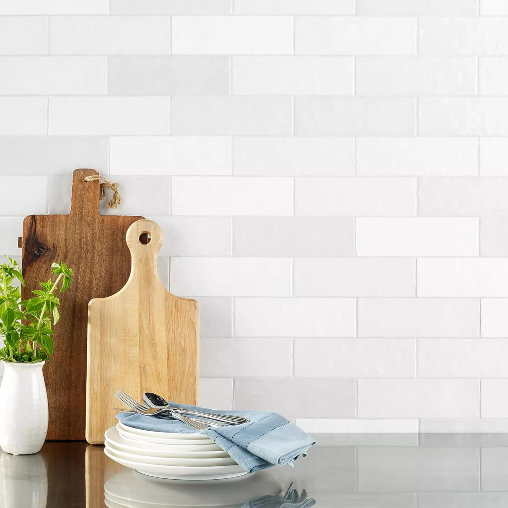 2.5x8 White Glossy Handmade Look Ceramic Wall Tile - Spanish Zellige Style Subway Tile Backsplash, Bathroom, and