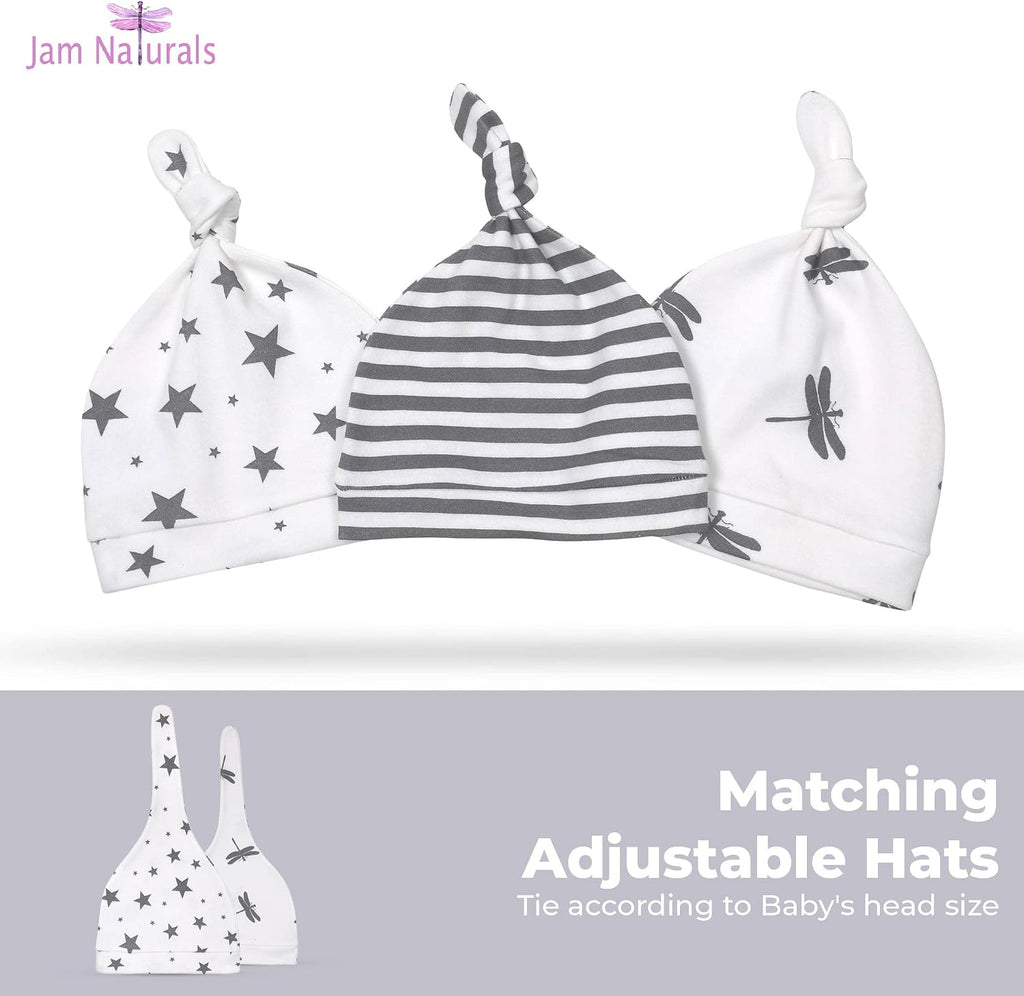 Organic Knotted Tie Bottom Adjustable Velcro Swaddle and Hat Set of 3, Newborn Sleep Sack (0-3m, 7-14lbs Grey)