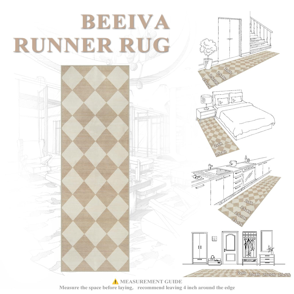 Checkered Print Carpet Runners 12ft, Beige Neutral Washable Long Hallway Runner Rug, Moroccan Gingham Diamond