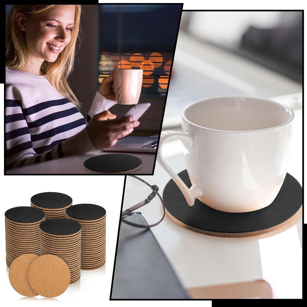 Cork and Leather Coasters for Drink 4 Inch Round Thick PU Leather Absorbent Coasters with Cork Blank Bulk - Set of 100
