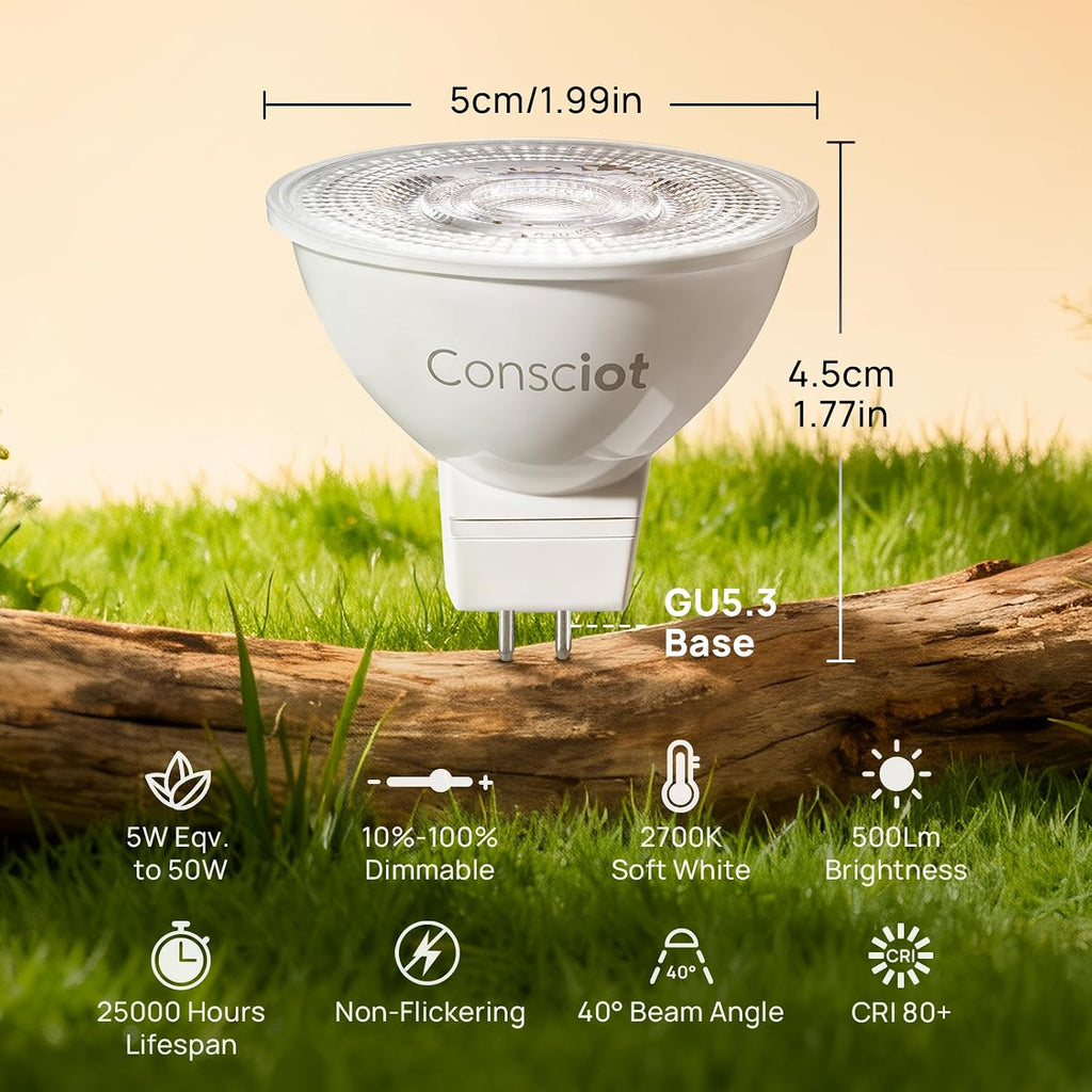 GU5.3 LED Bulb Dimmable, 5W (50W Equivalent), 2700K Soft White Light Bulb with 500lm 40° Beam Angle, 12V Low Voltage