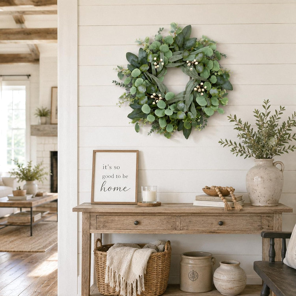 24 Inch Eucalyptus Wreath for Front Door, Artificial Greenery Wreath with White Berries, Green Door Decor Outdoor