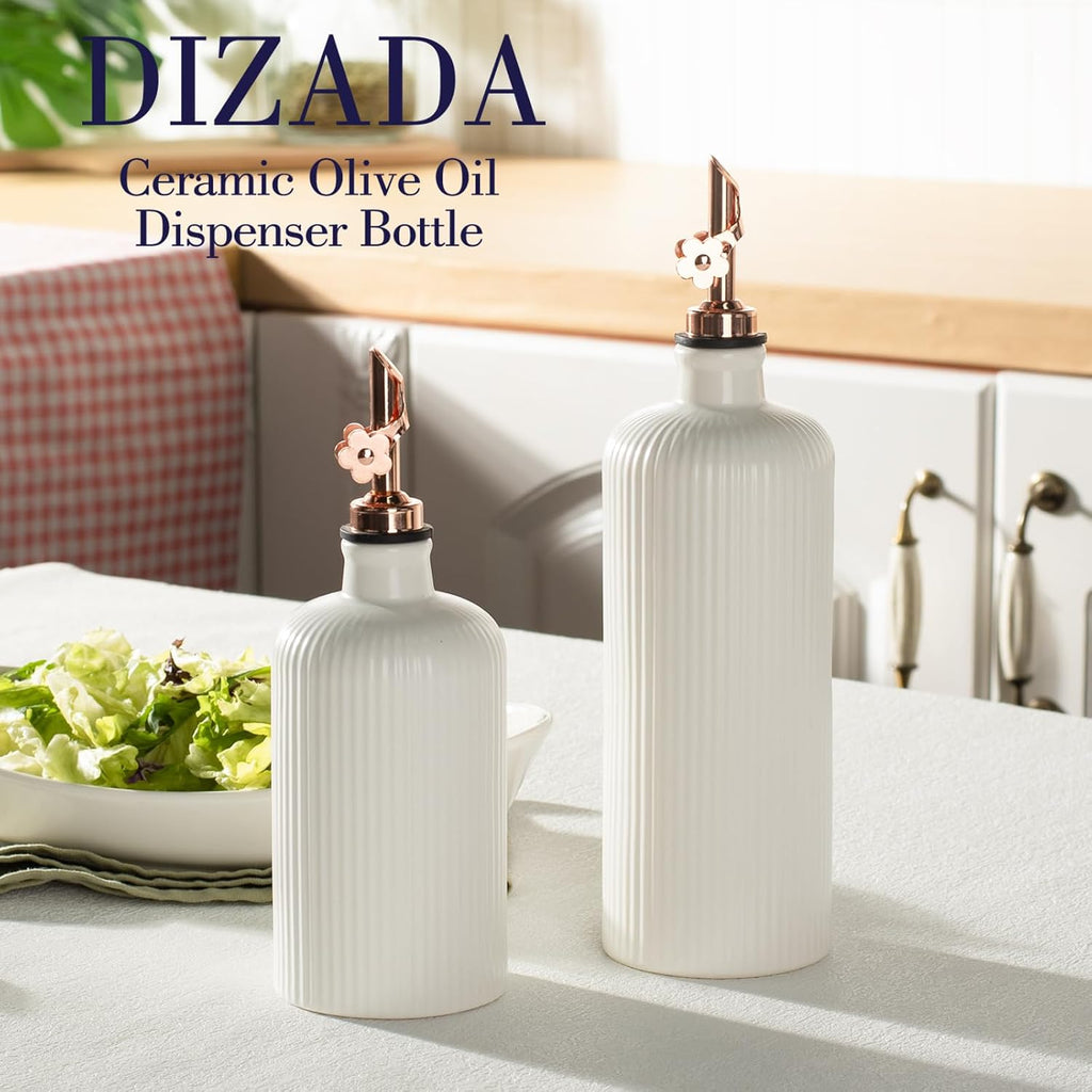 Olive Oil Dispenser Bottle (22 Oz + 14 Oz) - Porcelain Oil and Vinegar Bottles with Stainless Steel Spout - Set of 2