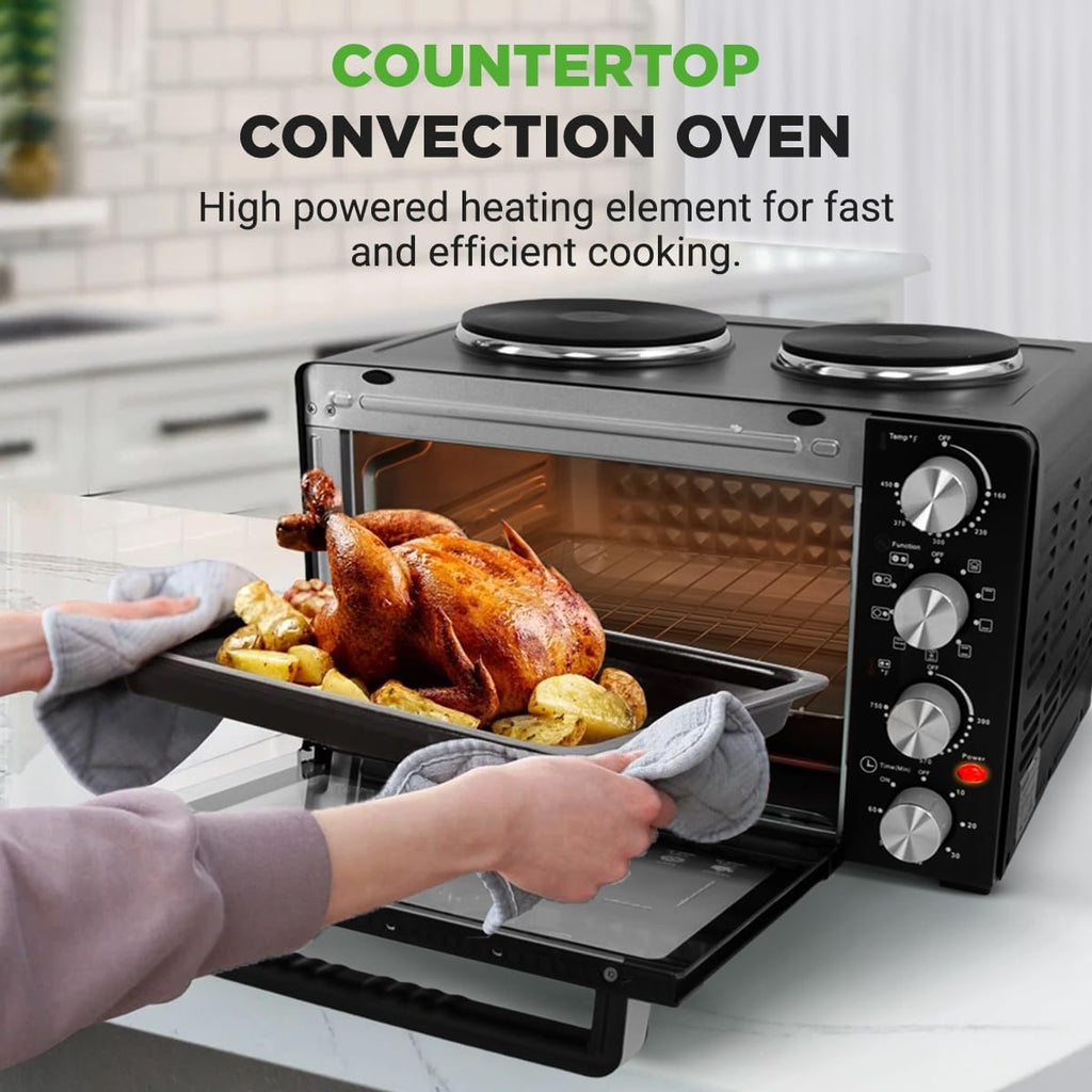 30 Quart Kitchen Convection Oven & 2 Burner Cooker - 1500 Watt Oven - 7 Cook Functions Rotisserie, Cook, Bake, Broil & More - Includes Baking Tray, Skewers & Handles - 19.6 x 16.0 x 13.5 IN