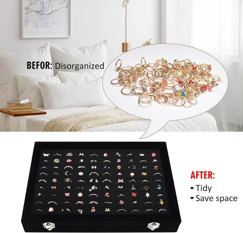 Velvet 100 Slots Ring Organizer Tray Ring Box with Clear Lid