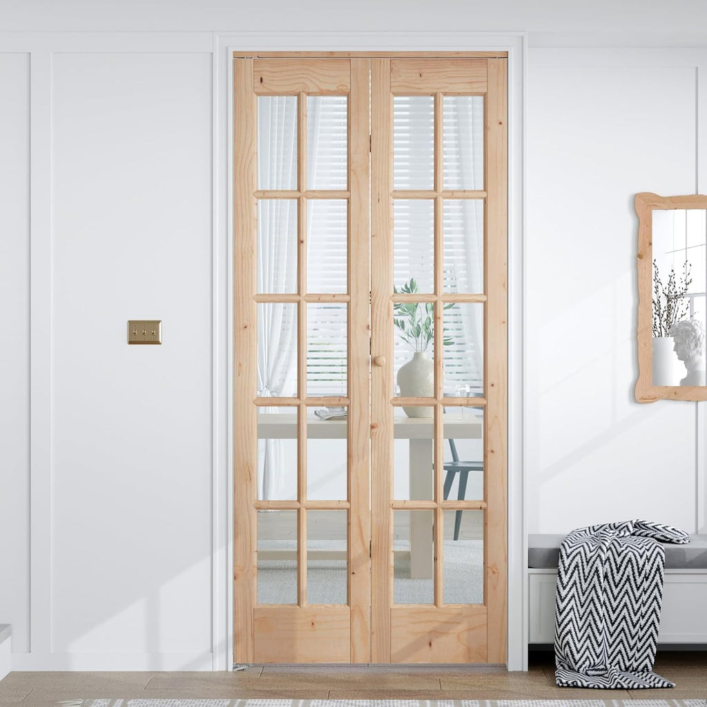 Bifold Closet Door,for 32in x 80in (Double 16x80) Opening,French Glass Barn Doors with 2.66FT Concea