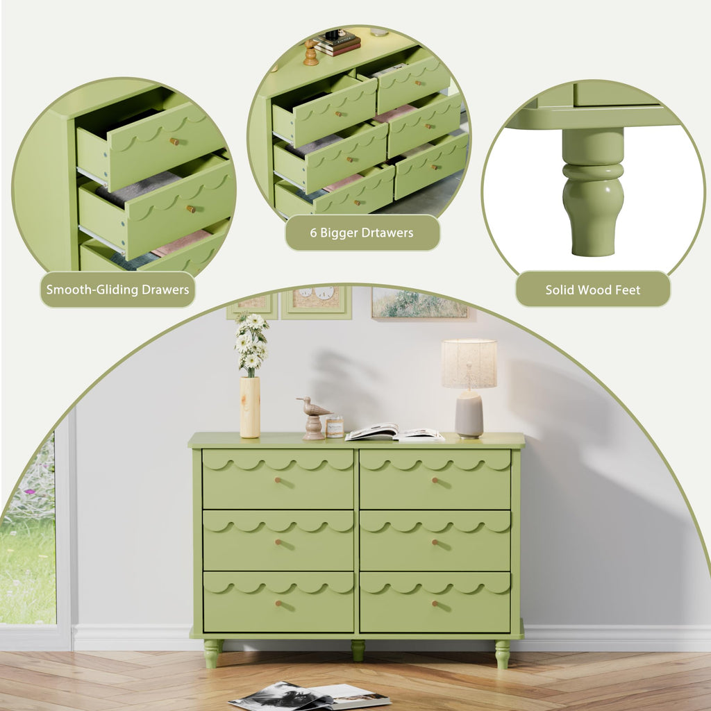 Scalloped Dresser Green 6 Drawer Dresser, Modern Wide Chest of Drawers, Scalloped Organizer Storage with Drawers