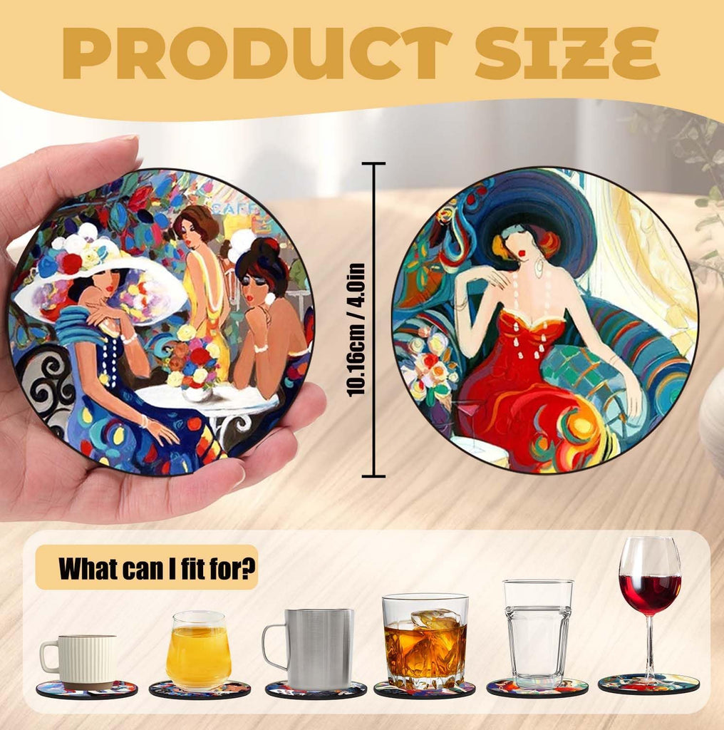 Coasters - Abstract and Oil Painting Art Design - PU Leather Coasters for Drinks with Holder - Handmade - Set of 12