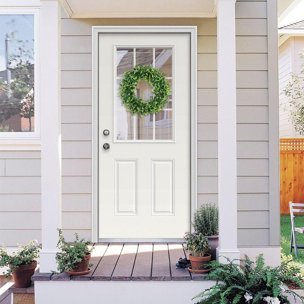 15" Boxwood Wreath - Artificial Green Leaves Wreath for Front Door, Wall, Window & Party Decor
