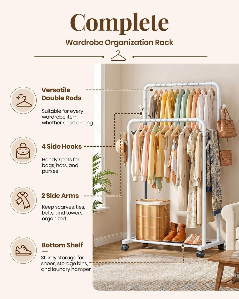 Double Rods Clothing Rack for Hanging Clothes, Portable Wardrobe Closet Rack, Metal Garment Rack with Rolling Wheels