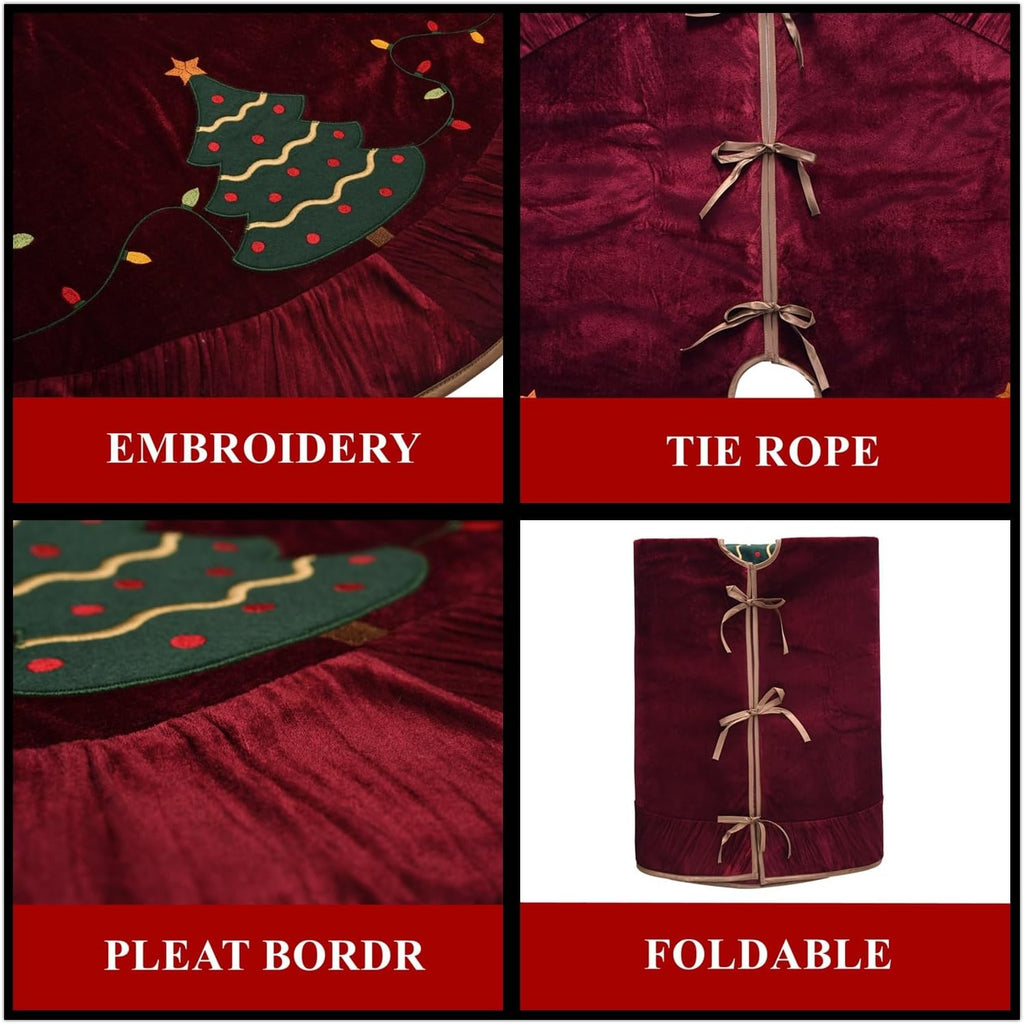 X.Sem Christmas Tree Embroidered Velvet Christmas Tree Skirt with Pleat Velvet Border 50'' Dark Red (Dark Red, 50