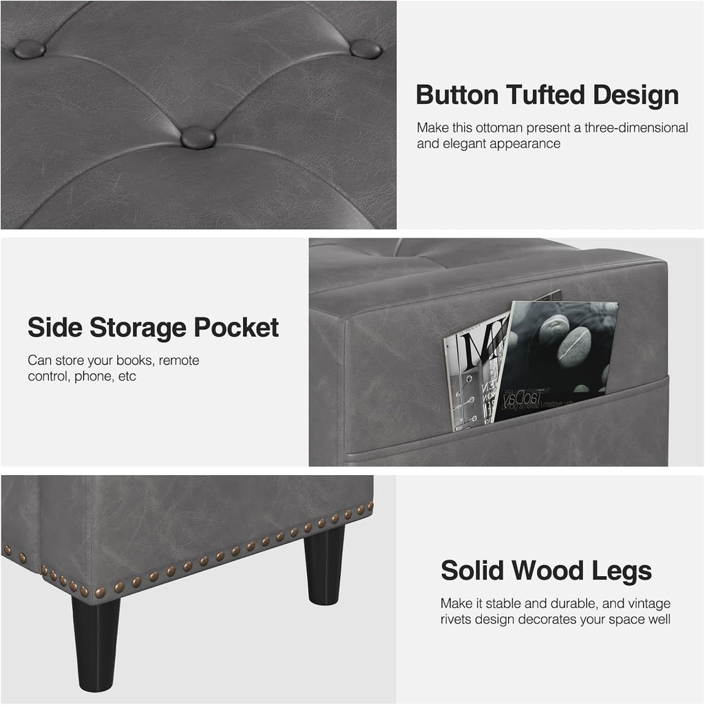 60" Storage Ottoman Bench, Faux Leather Upholstered Bed Bench, Grey | Benches with Tufted Buttons and Nailhead Trim