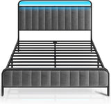 Full Bed Frame with LED Light and Charging Station, Upholstered Headboard and Footboard, Metal Slat, Noise Free