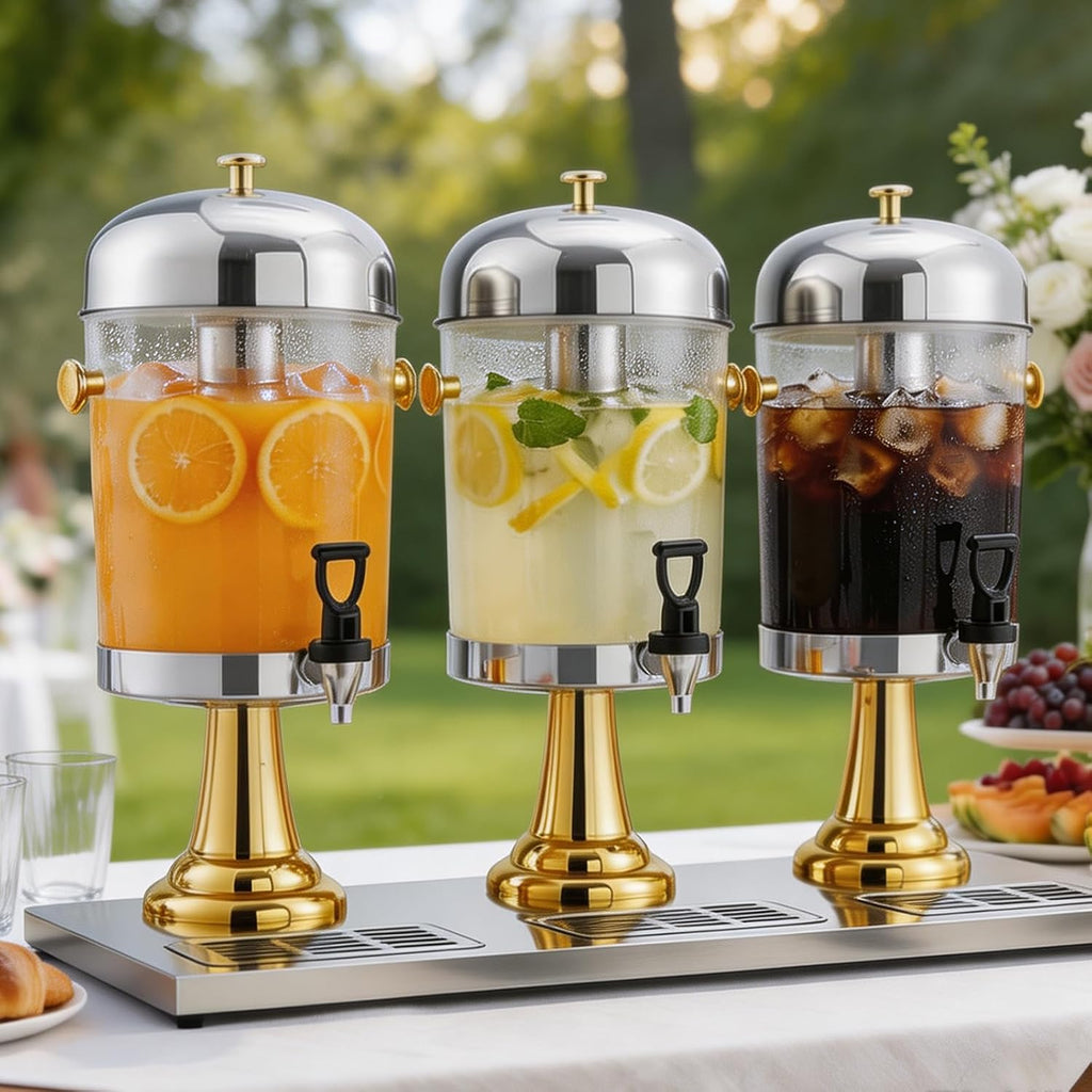 6.6 Gal Triple Head Beverage Drink Dispenser with Ice Core, Gold Stand