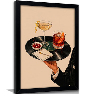 Framed Vintage Cocktail Wall Art Funny Vinyl Record Tray Canvas Wall Decor Vintage Martini and Music Picture Painting