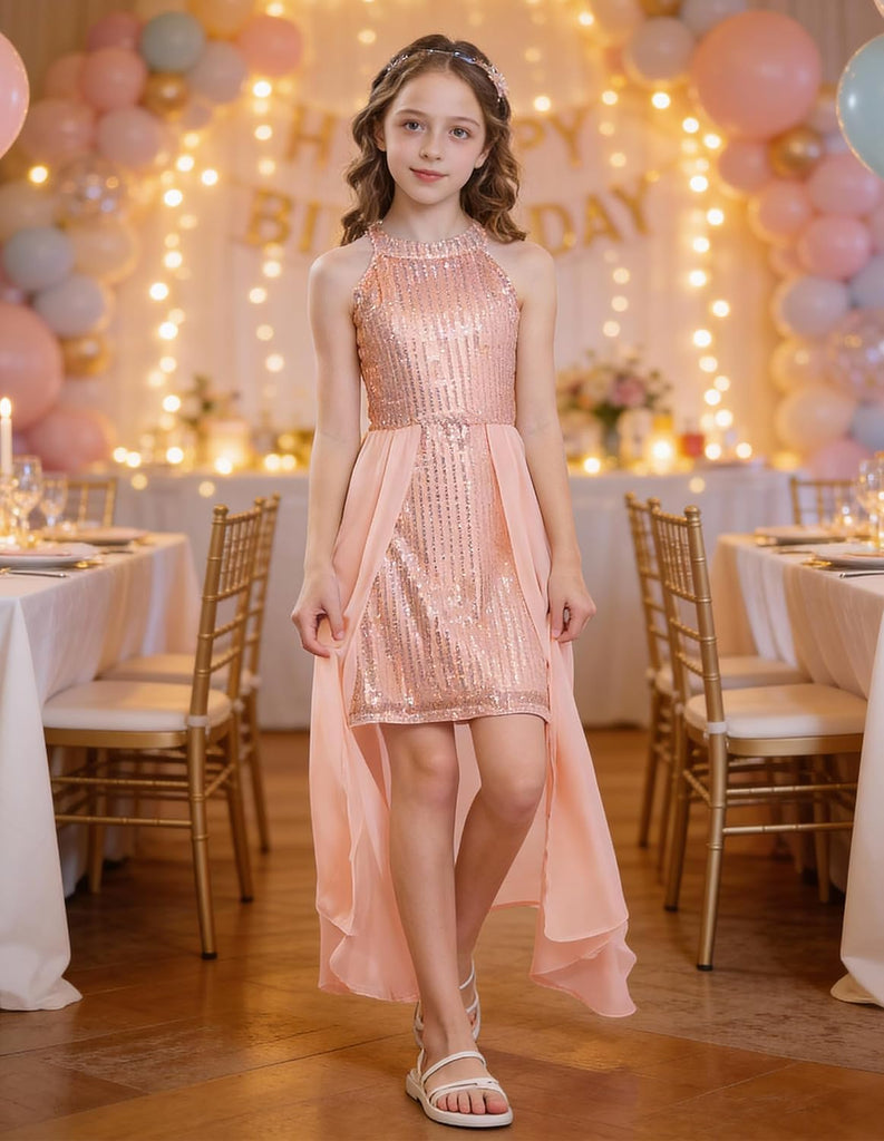 Girls Halter Neck Sequin Dress Kids Fancy Formal Party Christmas Sparkly Pageant Birthday Dresses