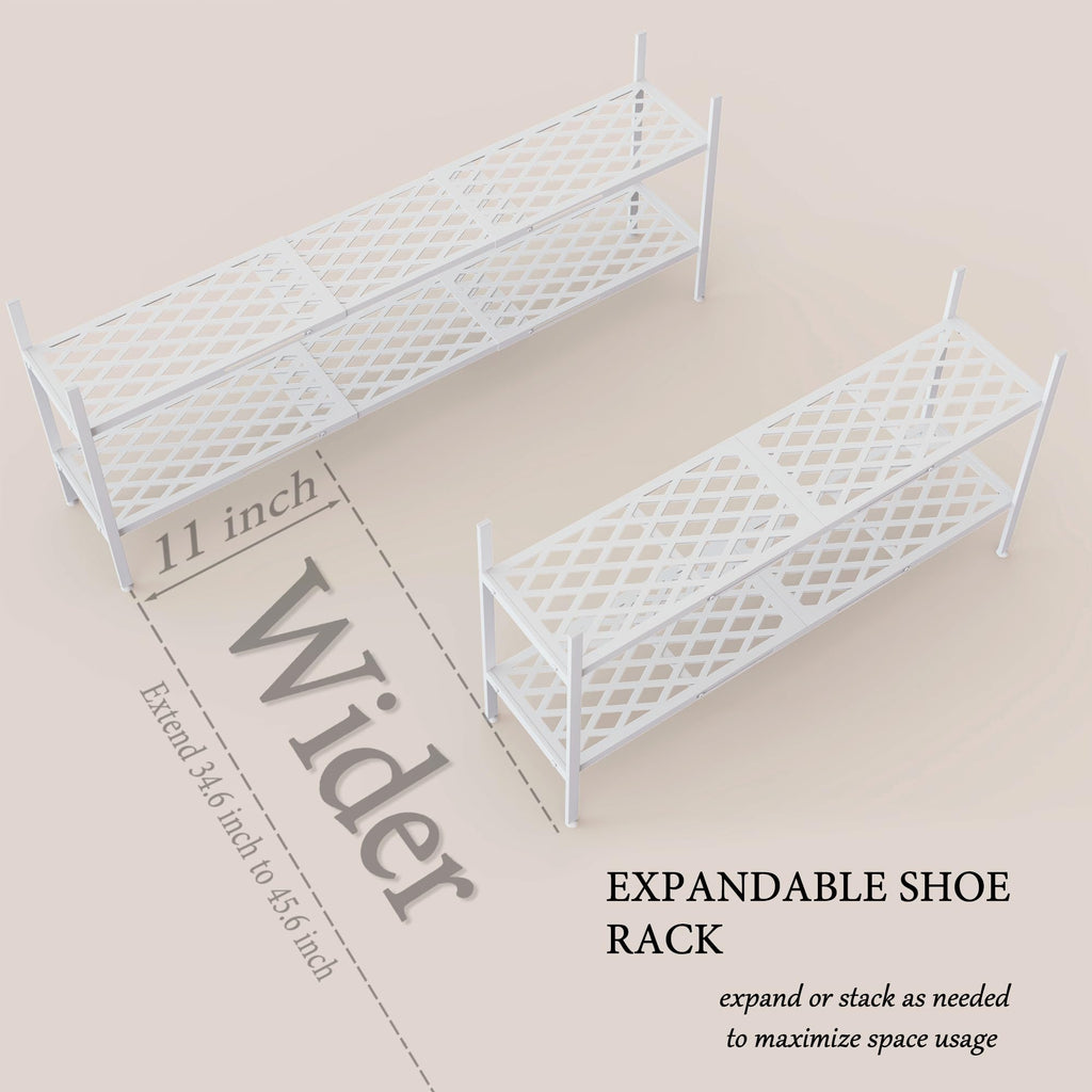 Long Expandable Metal Shoe Rack for Closet, Entryway, Garage, 2-Tier, White
